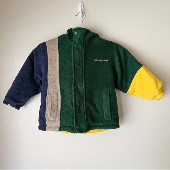 London Fog Toddler Yellow Reversible Rain Coat with Green Stripe Fleece Puffer - Picture 4 of 5